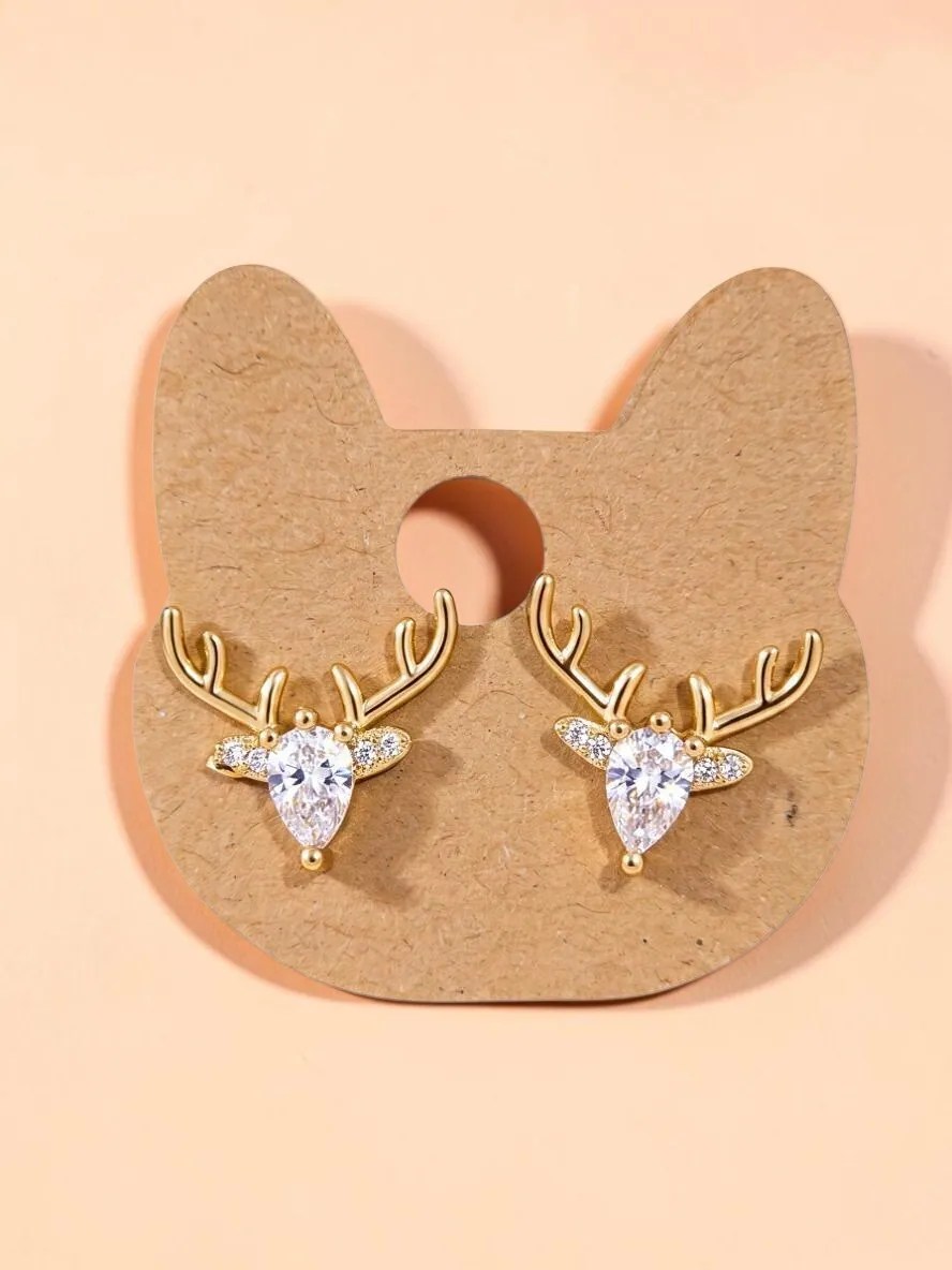 Gold Reindeer Antler Stud Earrings | CZ Pear Cut Crystal Holiday Deer Post Earrings