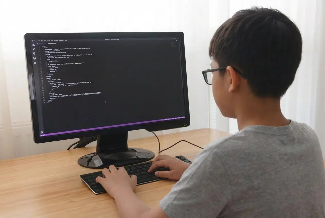 Programming Course 10 11 學生在電腦前學習 Python 程式設計,培養基礎編碼與邏輯思考能力