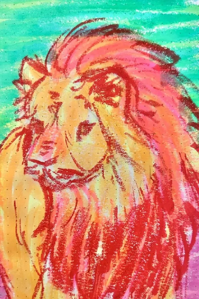 colorful painting of a red, yellow pink, and orange lion on a green background