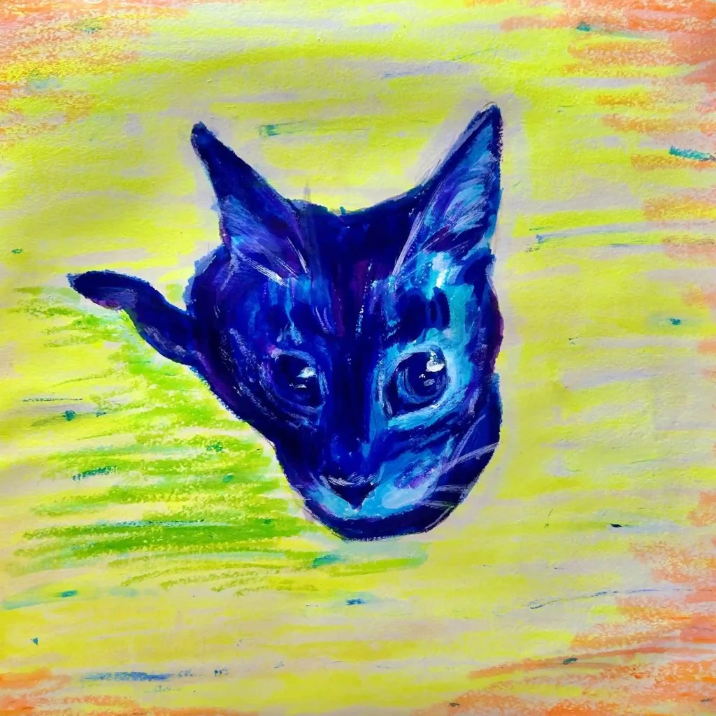 a colorful painting of a blue tabby cat on an orange and yellow background.