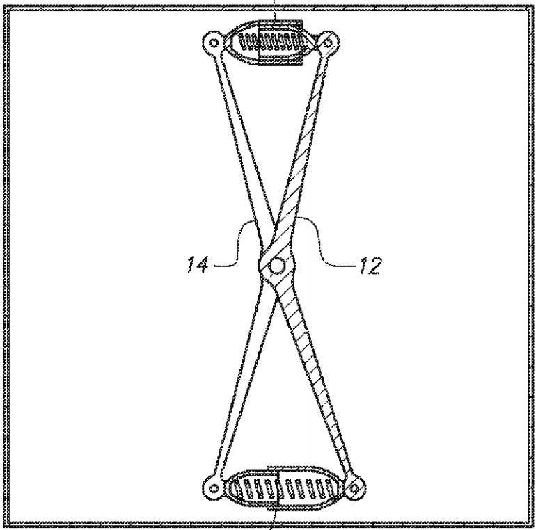 A drawing from the U.S. Navy’s US8866319 covers a design for “A pair of reverse-scissoring arms are configured to be rotatable and reverse-scissorable about a common central axis point.”