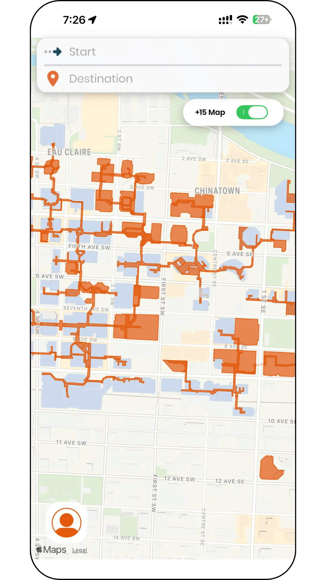 Pedesting app showing a step-free route through downtown Calgary