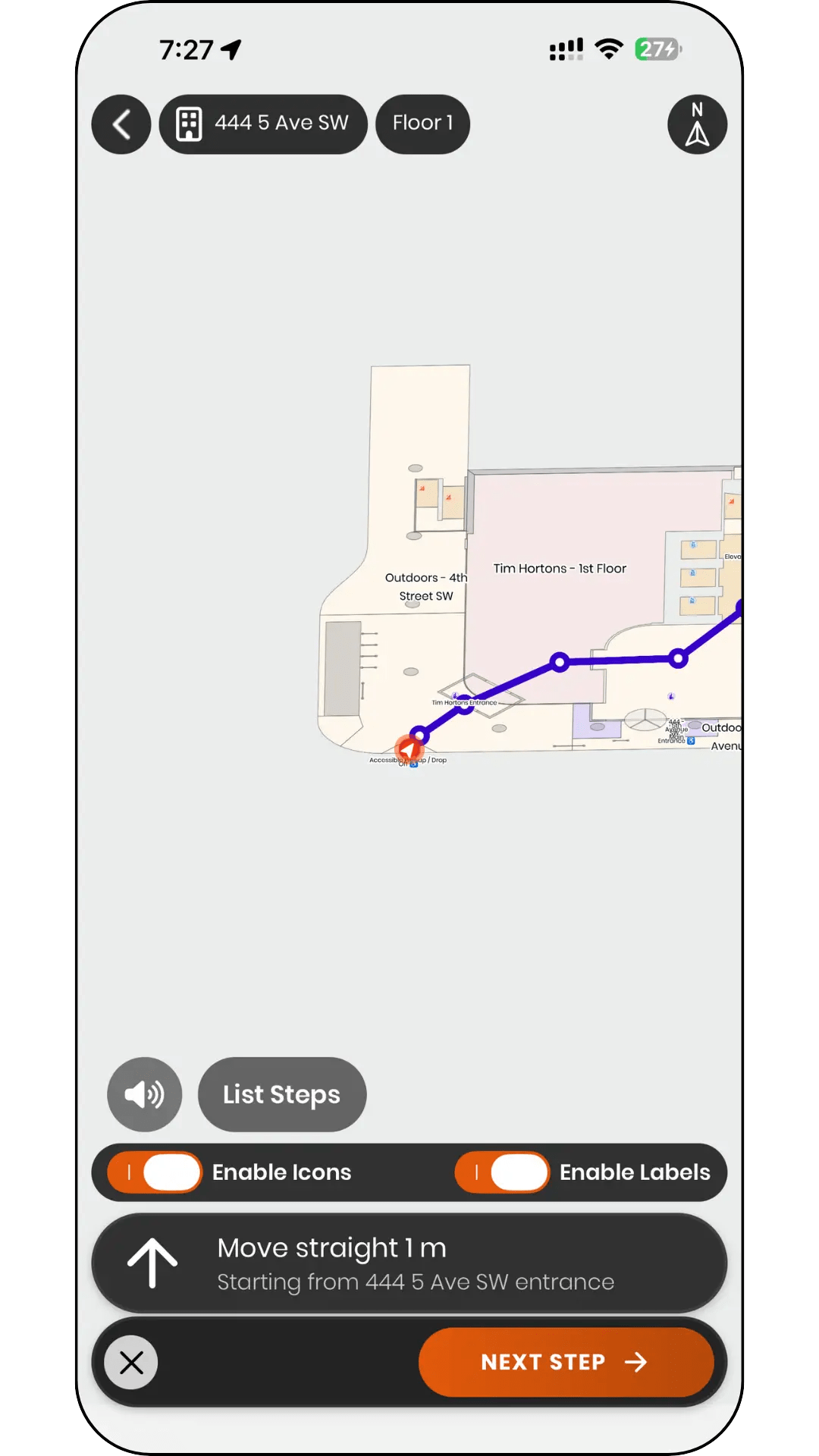 Pedesting app showing a step-free route through downtown Calgary