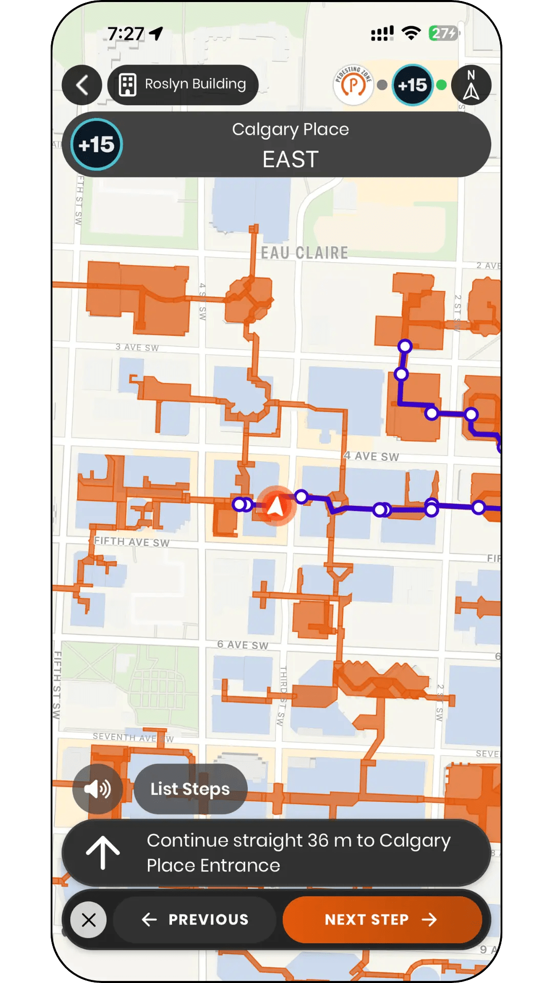 Pedesting app showing a step-free route through downtown Calgary