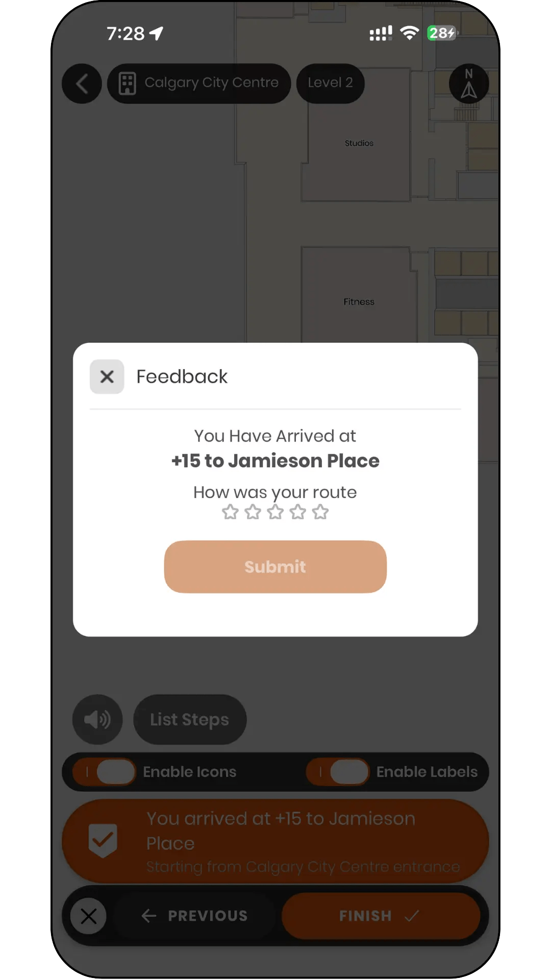 Pedesting app showing a step-free route through downtown Calgary