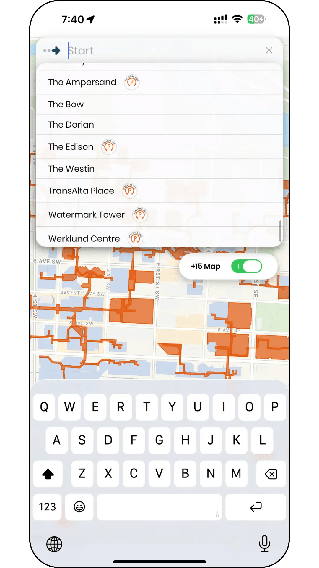 Pedesting app showing a step-free route through downtown Calgary