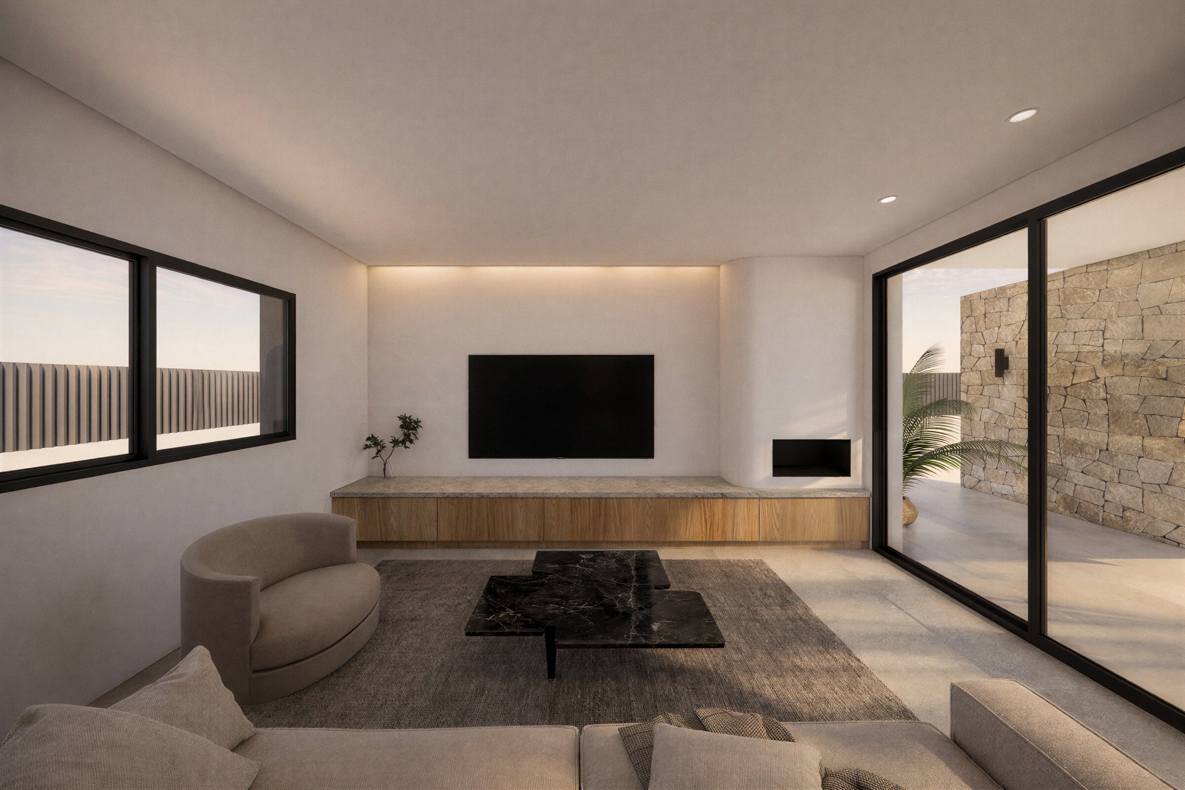 Living area of Casa Cielo with integrated furniture