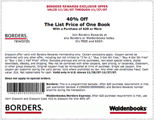 Borders coupon: 40% off one book for members | Peeance Freeance