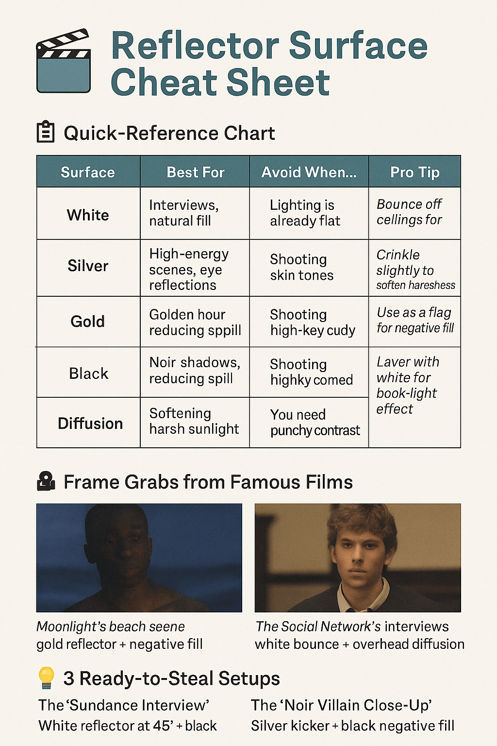 🚀 Free "Reflector Surface Cheat Sheet" – Download Now! 🎬 What’s Inside? Your instant guide to mastering every side of your 5-in-1 reflector, with: 📋 Quick-Reference Chart Surface Best For Avoid When… Pro Tip White Interviews, natural fill Lighting is already flat "Bounce off ceilings for soft overhead light" Silver High-energy scenes, eye reflections Shooting skin tones "Crinkle slightly to soften harshness" Gold Golden hour enhancement Midday sunlight "Combine with 1/4 CTO gel for sunset looks" Black Noir shadows, reducing spill Shooting high-key comedy "Use as a flag for negative fill" Diffusion Softening harsh sunlight You need punchy contrast "Layer with white for book-light effect" 🎥 Frame Grabs from Famous Films Example: Moonlight’s beach scene (gold reflector + negative fill) Example: The Social Network’s interviews (white bounce + overhead diffusion) 💡 3 Ready-to-Steal Setups The "Sundance Interview" – White reflector at 45° + black side for contrast The "Noir Villain Close-Up" – Silver kicker + black negative fill The "Golden Hour Miracle" – Gold reflector camera-left + misted diffusion