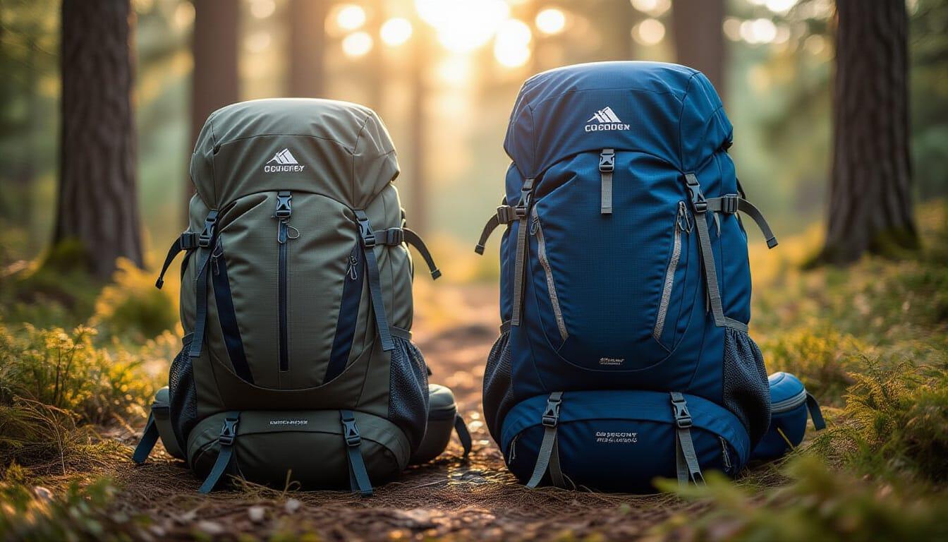 A comparison shot of a sleek daypack next to a larger, fully-loaded multi-day backpacking pack