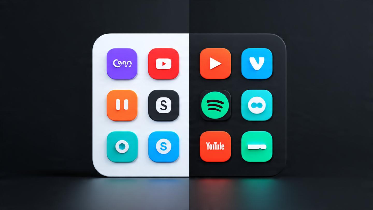 Split image: left side free tools icons (Canva, DaVinci Resolve, Audacity, YouTube Studio app), right side paid tools (VidIQ, Epidemic Sound), balanced comparison, clean product icons