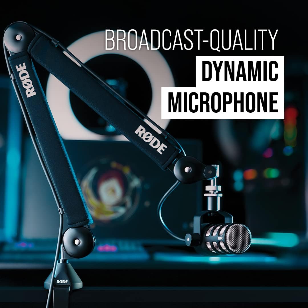"RØDE PodMic dynamic broadcast microphone featuring a robust all-metal body and integrated swing mount. This XLR microphone is specifically tuned for speech and podcasting applications.