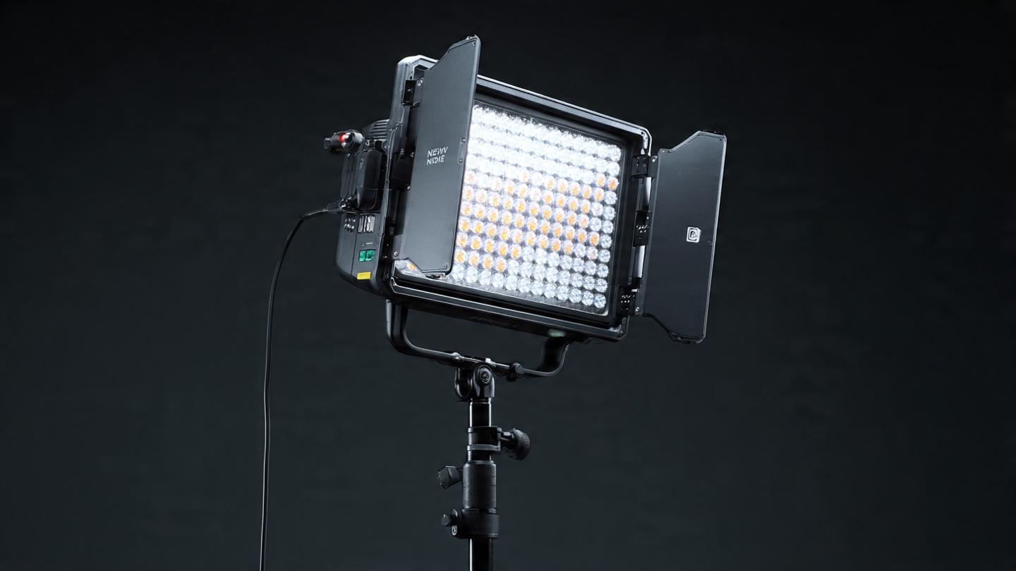 Neewer 660 LED Panel professional video light with barn doors, control panel, and yoke mount, product photography style on a dark background, high detail, studio lighting, 16:9 aspect ratio