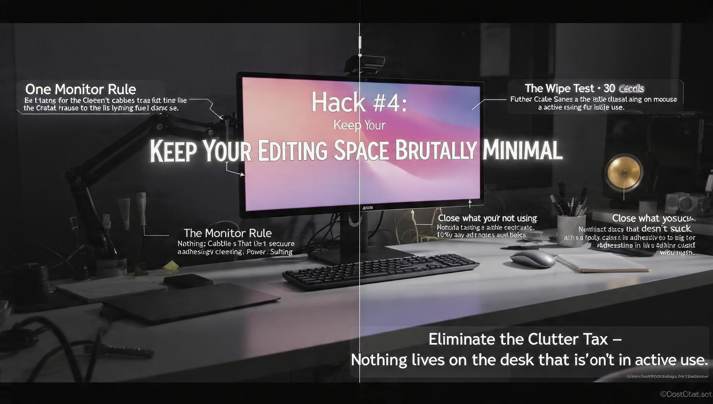 Cinematic 16:9 infographic titled "Hack #4: Keep Your Editing Space Brutally Minimal". Shows a brutally minimal editing desk setup: single monitor on a monitor arm at eye level with clear space underneath for keyboard and mouse, clean desk