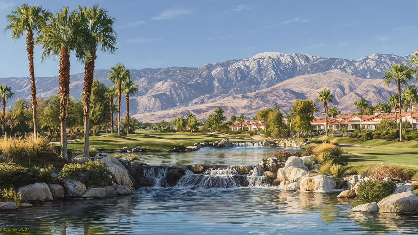 Terra Lago Golf Club Indio California, desert golf course with water features, palm trees, San Jacinto mountains in background, sunny day, photorealistic, high detail, 16:9 aspect ratio