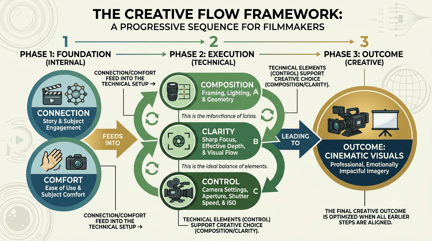 A simple annotated diagram or flowchart showing Connection/Comfort feeding into Composition/Clarity/Control — helps readers who skim tables retain the framework as a sequence, not just a list.