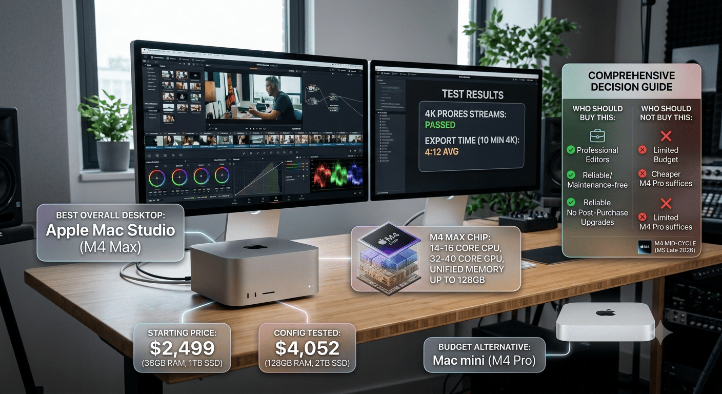 The Apple Mac Studio with M4 Max chip pairs a 14-16 core CPU with a 32-40 core GPU and starts at 36GB unified memory, backed by a 1TB SSD.