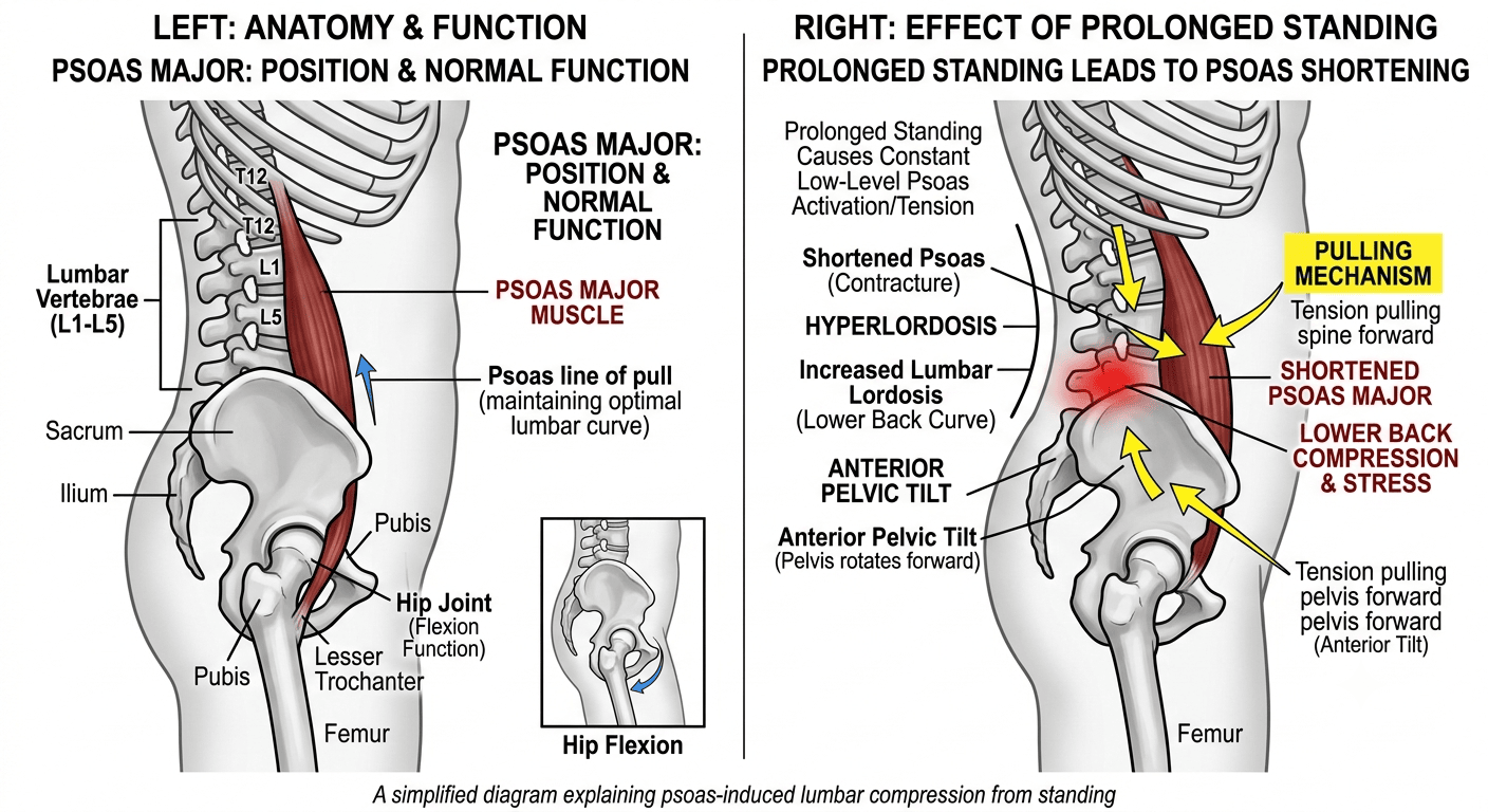 fitness A simple annotated side-profile diagram showing the psoas muscle's position and how prolonged standing shortens it, pulling the pelvis forward. Reader learns the actual mechanism, not just "your back hurts."