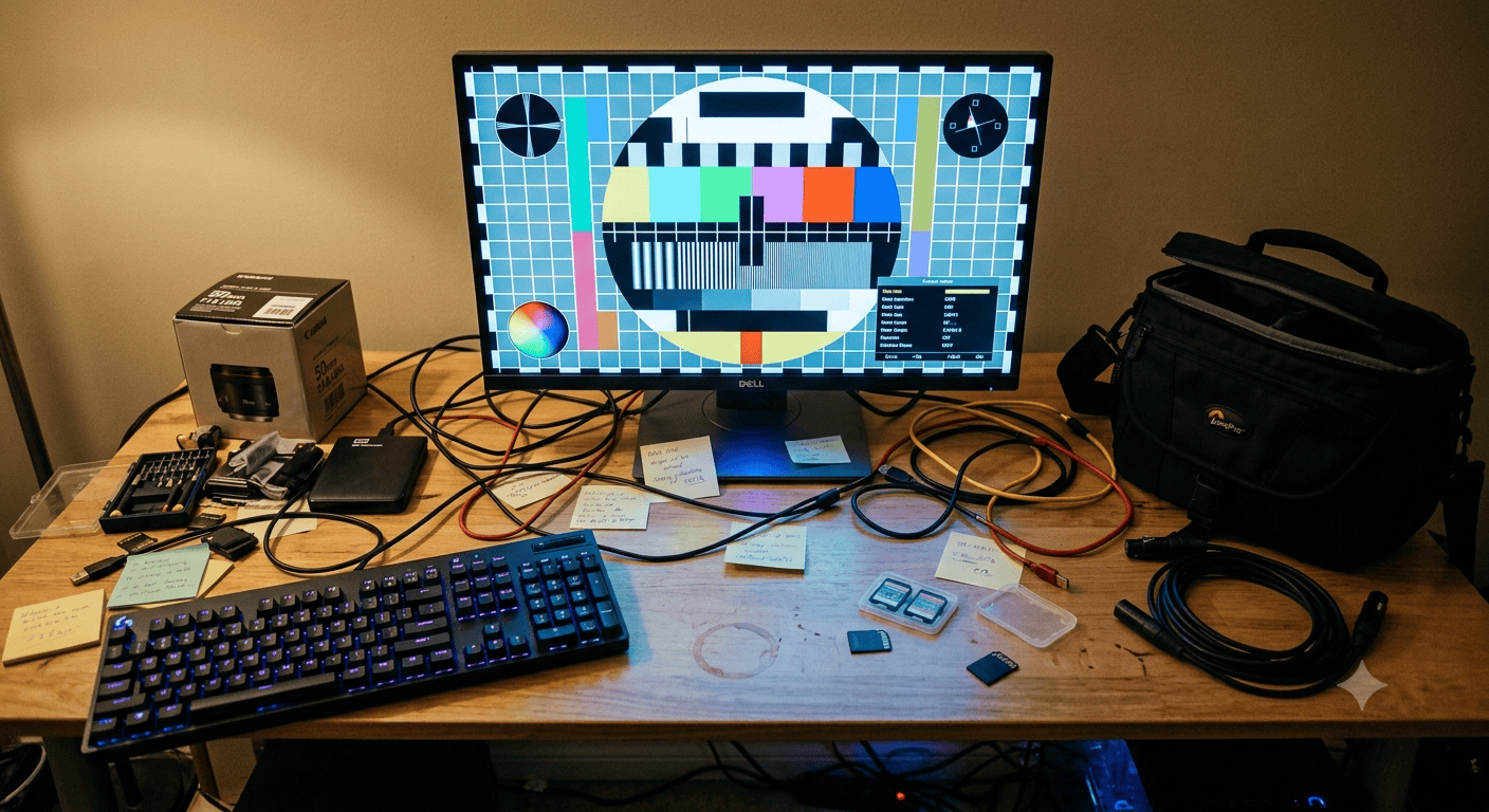 Wide shot of a budget home video editing desk from a slight overhead angle, showing a cluttered workspace with a sleek but modest 24-inch color-accurate monitor as the clear visual anchor — centered and glowing with a calibration test pattern. Around it: an expensive camera bag tossed aside, a fancy mechanical keyboard with RGB lights, a second unused lens in its box, and tangled cables everywhere. The contrast is deliberate — the monitor looks professional and purposeful while the expensive peripherals feel out of place and unused. Messy desk with coffee rings, sticky notes, and scattered SD cards. Dim warm ambient light with the monitor casting cool blue light on the desk surface. Realistic photography style, slightly gritty, documentary feel, 8K, depth of field focusing sharply on the monitor while peripherals blur slightly in the foreground.
