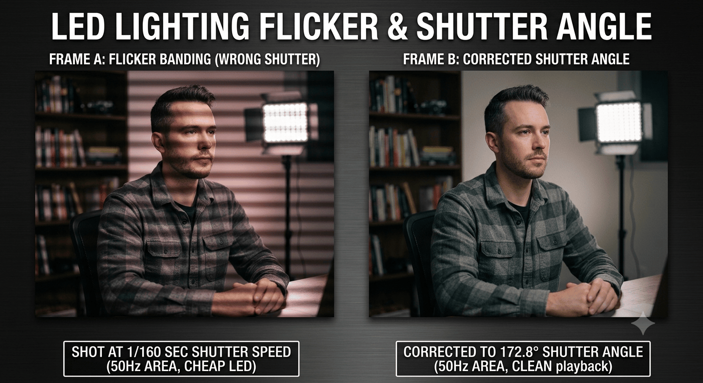 A real or recreated frame grab showing a rolling flicker band under cheap LED panels, ideally paired with a second frame at the corrected shutter angle. Shows readers exactly what "banding" looks like so they can recognize it on their own monitor.