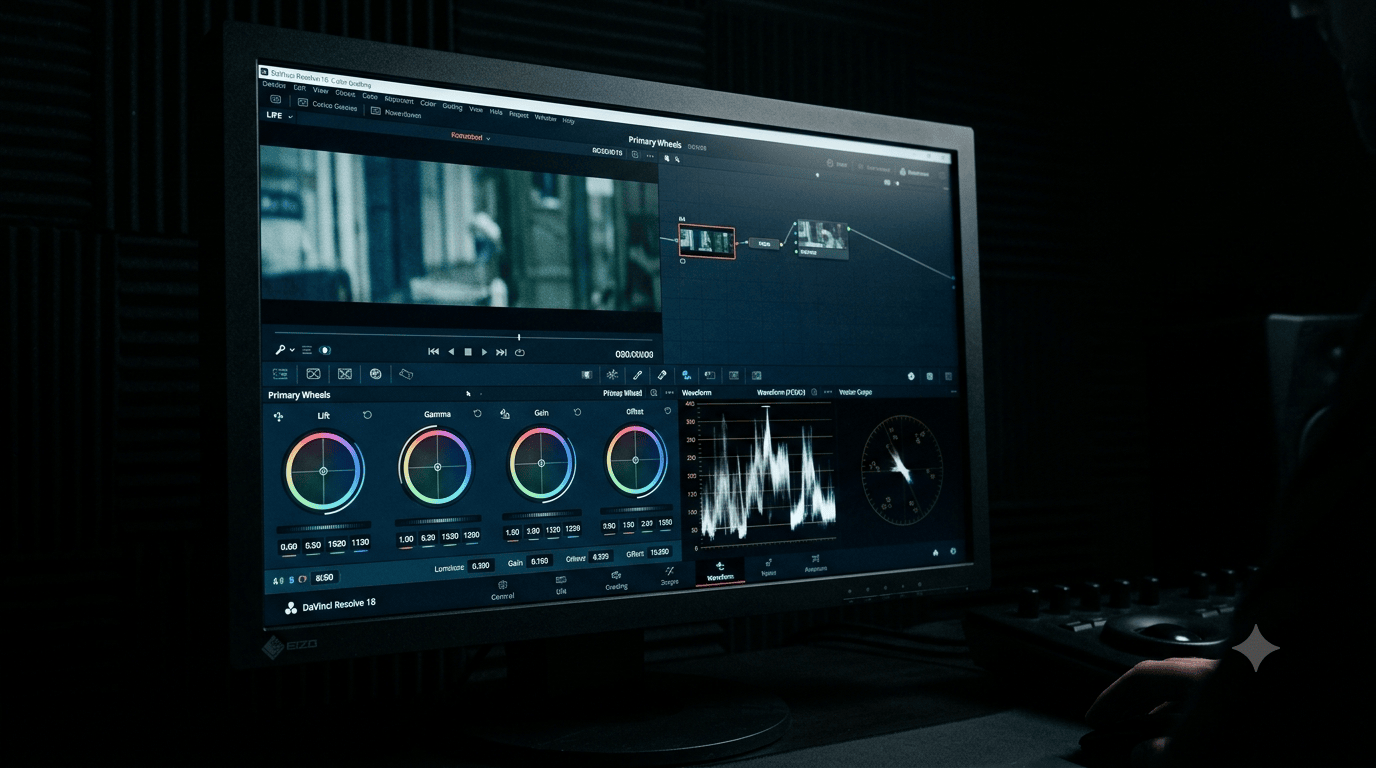 Close-up of a colorist's monitor showing DaVinci Resolve color wheels and waveform scopes in a dark studio, cool cinematic tones, desaturated blues and muted greens on screen, clean interface detail, high contrast, crisp detail