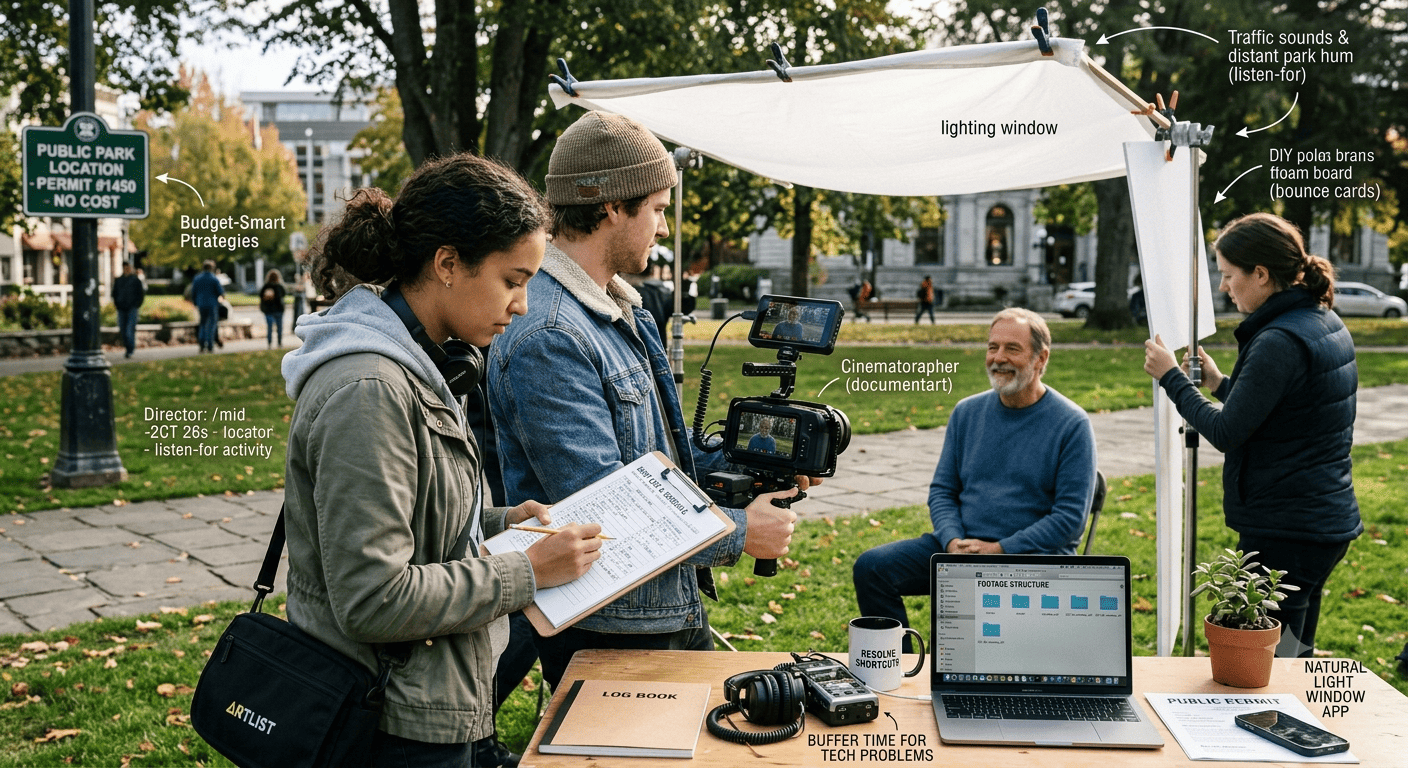 A behind-the-scenes photograph illustrating budget-smart film production strategies in a public park. A production crew of three operates a camera and audio gear while interviewing a man seated on a chair. Various labels on the image highlight specific resource-saving tactics, such as 'PUBLIC PARK LOCATION (NO COST),' 'DIY foam board (bounce cards),' using a 'Natural light window' (a sheet for diffusion), and preparing 'BUFFER TIME FOR TECH PROBLEMS' in the audio setup. A laptop in the foreground displays organized footage structure folders, while an 'ARTLIST' gear bag is visible on the left.