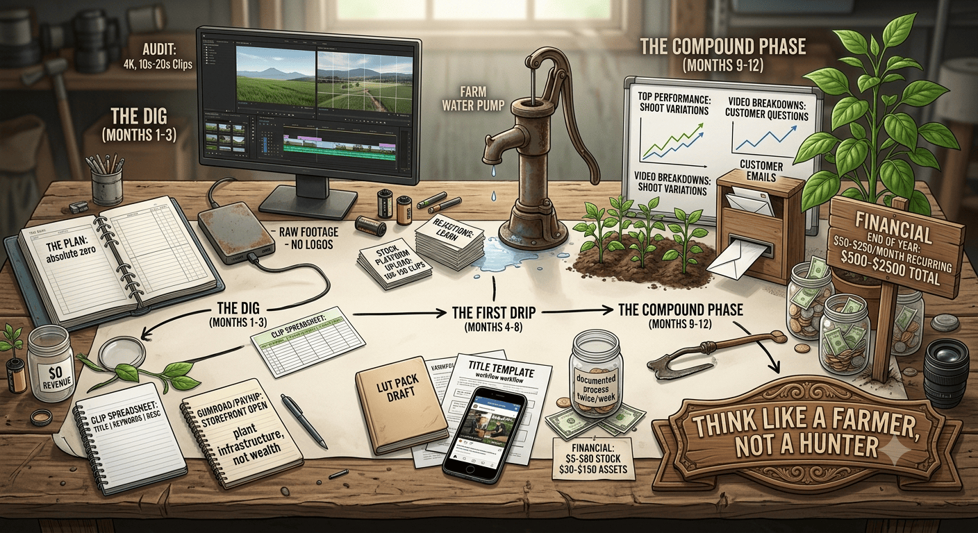 An illustrated infographic roadmap for beginner filmmakers creating passive income over one year, structured around three phases: "The Dig," "The First Drip," and "The Compound Phase." The timeline follows a journey from organizing hard drives for $0 revenue to building automated visual assets that generate recurring monthly income, culminating in a wooden plaque stating: "THINK LIKE A FARMER, NOT A HUNTER."