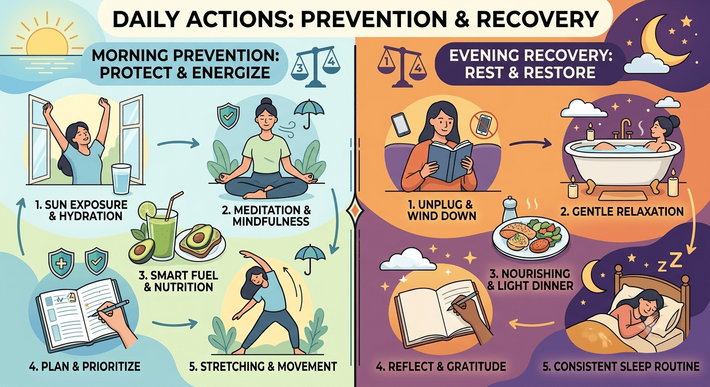 A simple two-column visual (not a data table) contrasting "morning prevention" actions against "evening recovery" actions side by side, reinforcing the ratio without repeating body text verbatim.