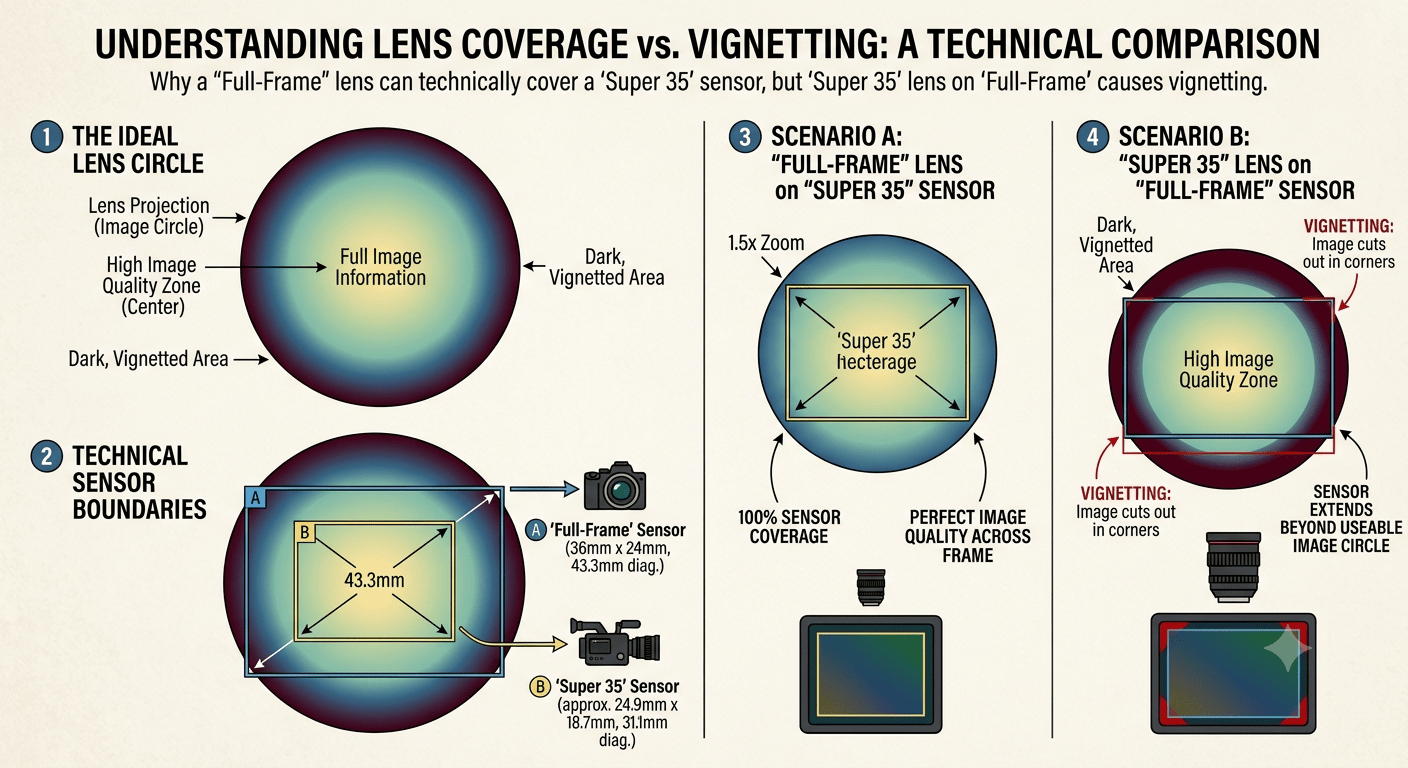 A simple image-circle overlay diagram — full-frame image circle vs. Super 35 sensor boundary — showing why a lens can "cover" a sensor technically but vignette in practice.