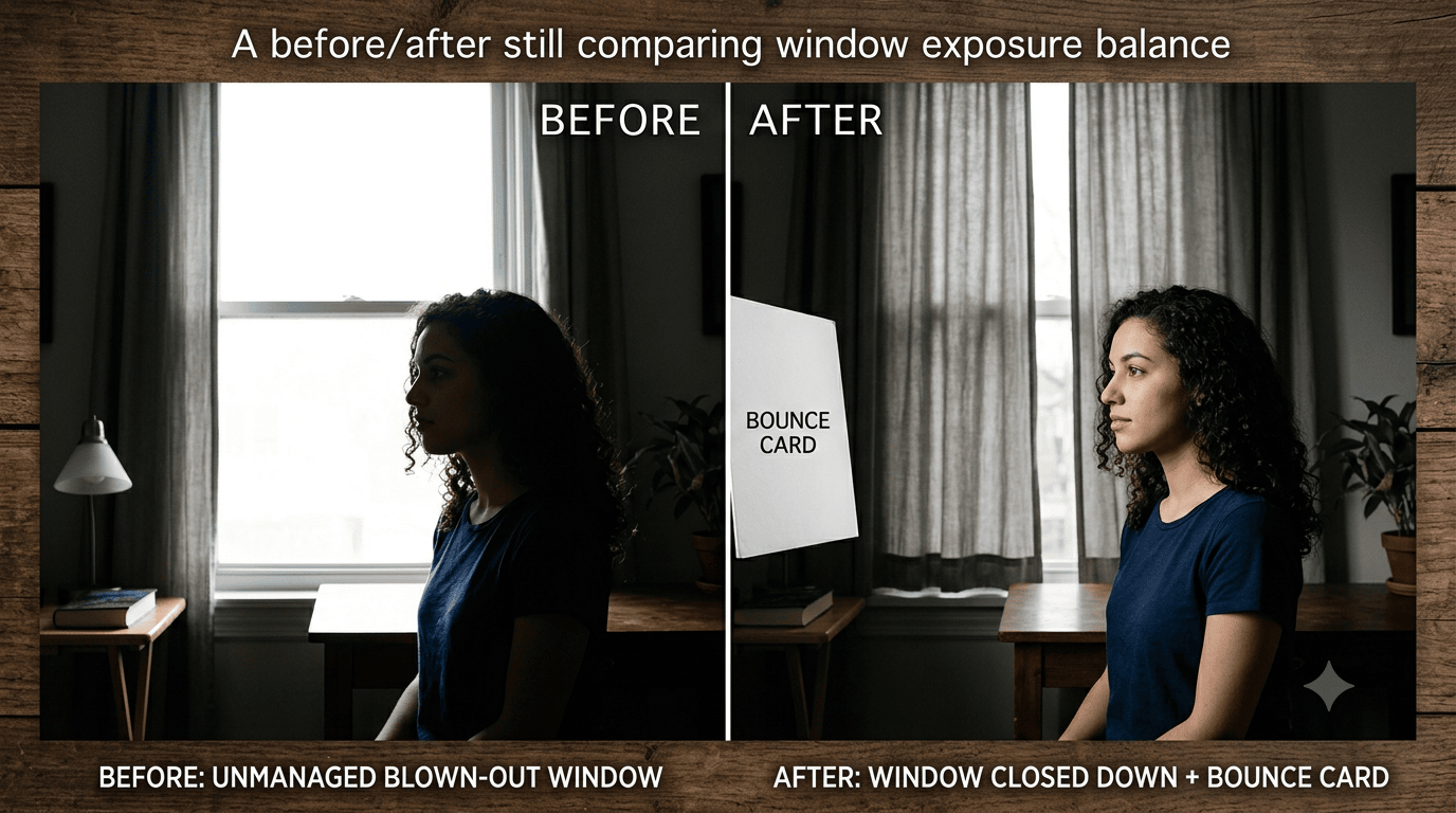 A before/after still comparing a subject lit only by an unmanaged blown-out window versus the same subject with the window closed down and a bounce card added — showing the exposure balance fix in action rather than describing it.