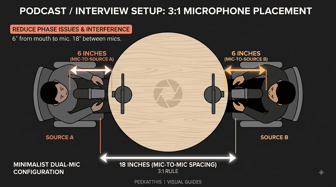 Top-down infographic showing two people seated at a table, each with a microphone 6 inches from their mouth. Annotated measurement lines show 6 inches from mic-to-source and 18 inches between the two mics. Use clear arrows and labels. Style: clean, branded, minimalist. Dark background with white and accent-color annotations.