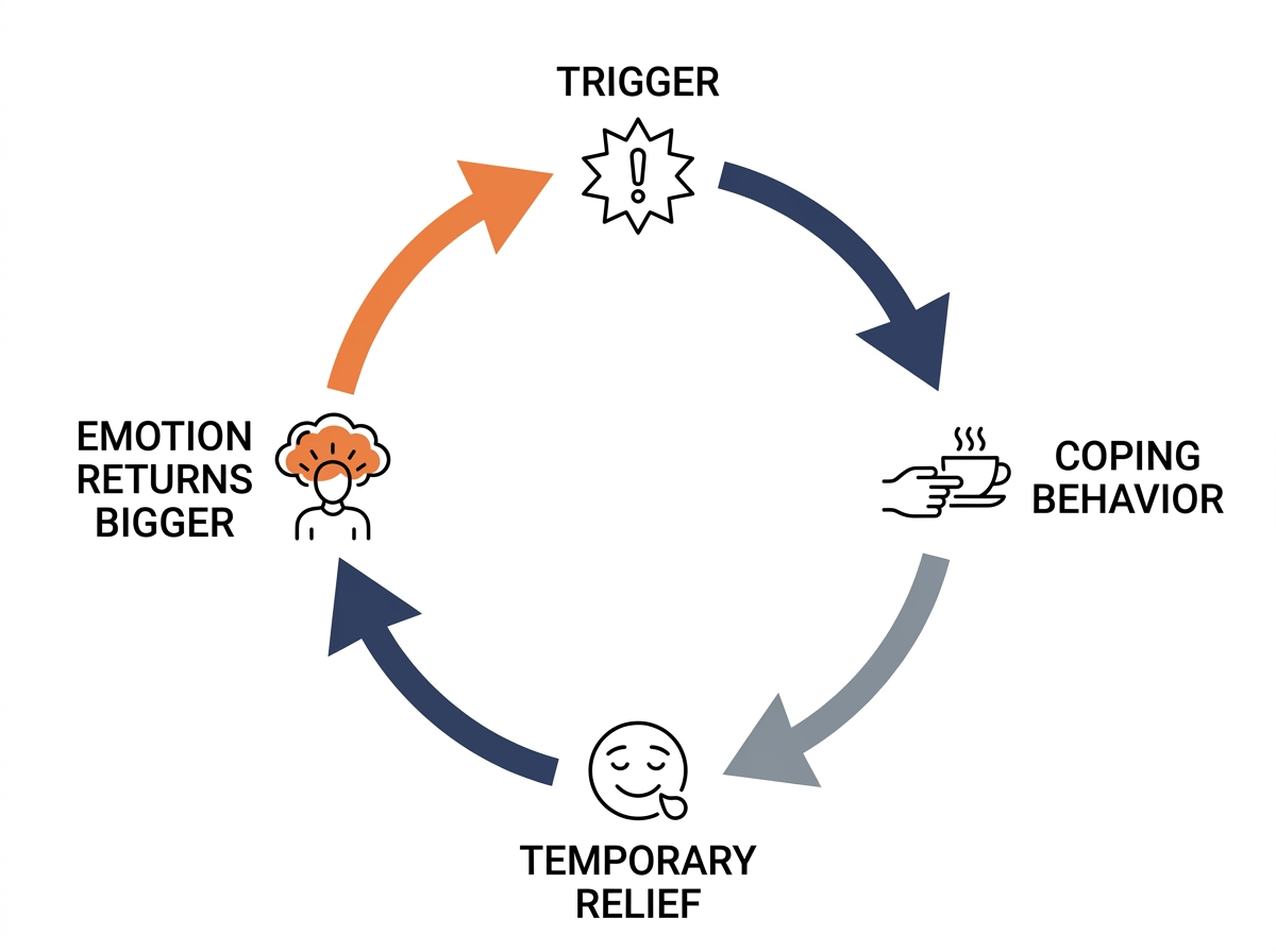 Diagram showing the emotional suppression cycle: trigger leads to coping behavior, which leads to temporary relief, which leads to the emotion returning bigger than before