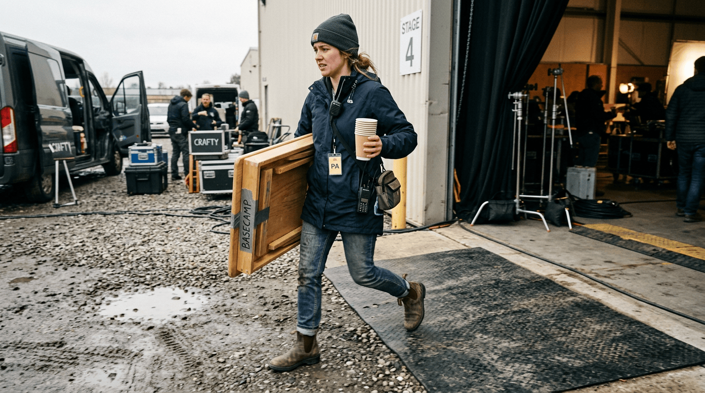 “PA shuffle” moment — mid-stride between the parking lot and the set floor, hauling gear, boots doing double duty across two completely different terrains in the same afternoon. It leans into the documentary grit rather than a polished catalog shot, matching the section’s honest, unglamorous tone.