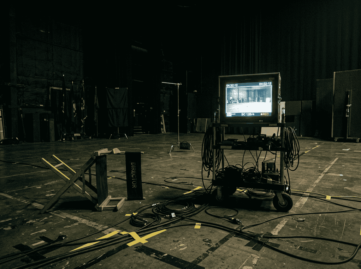 Film set monitor glowing in an empty room after wrap, with a folding chair knocked over and cables still taped to the floor