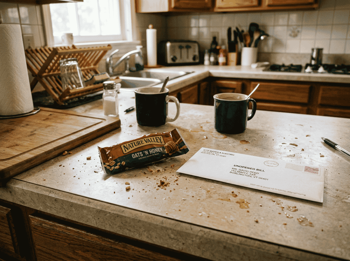 Kitchen counter with an empty snack wrapper next to an unopened bill under overhead lighting