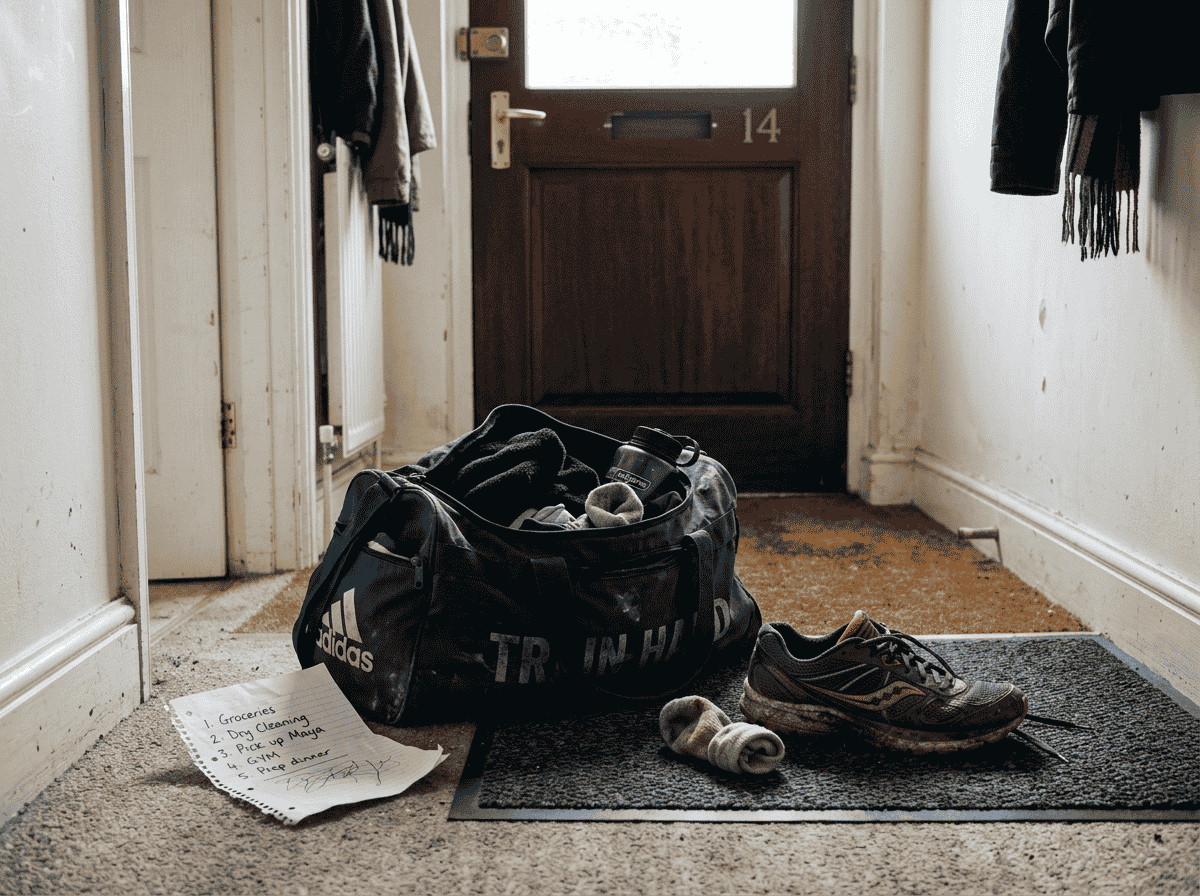 Half-unzipped gym bag by a front door with one shoe missing next to a crumpled to-do list