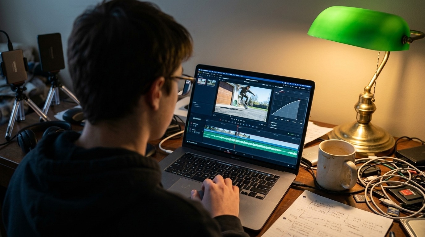 Over-the-shoulder shot of a video editor working on a speed ramp graph on a laptop.