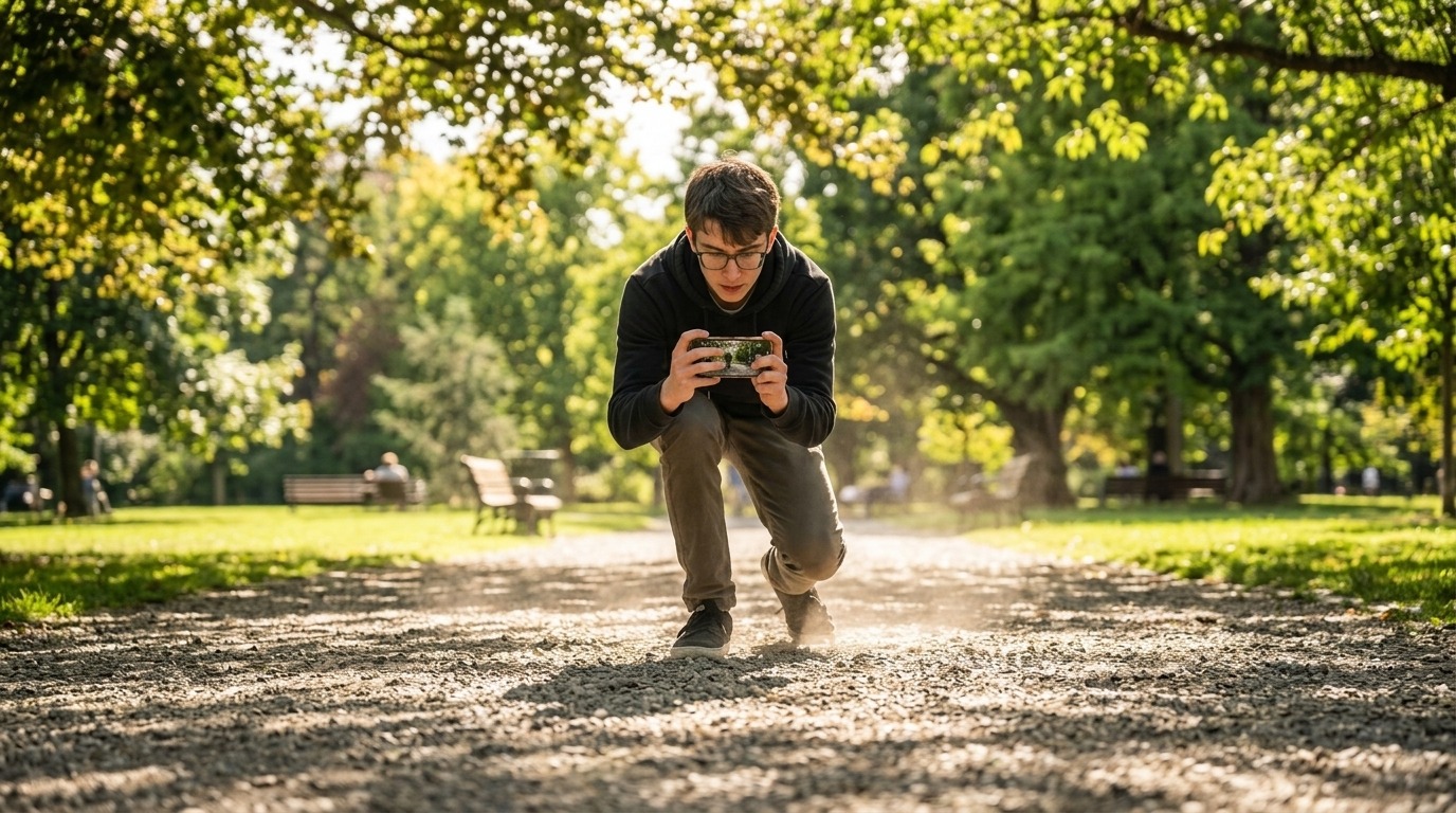 A filmmaker crouched low in a park path holding a smartphone steady mid-stride.