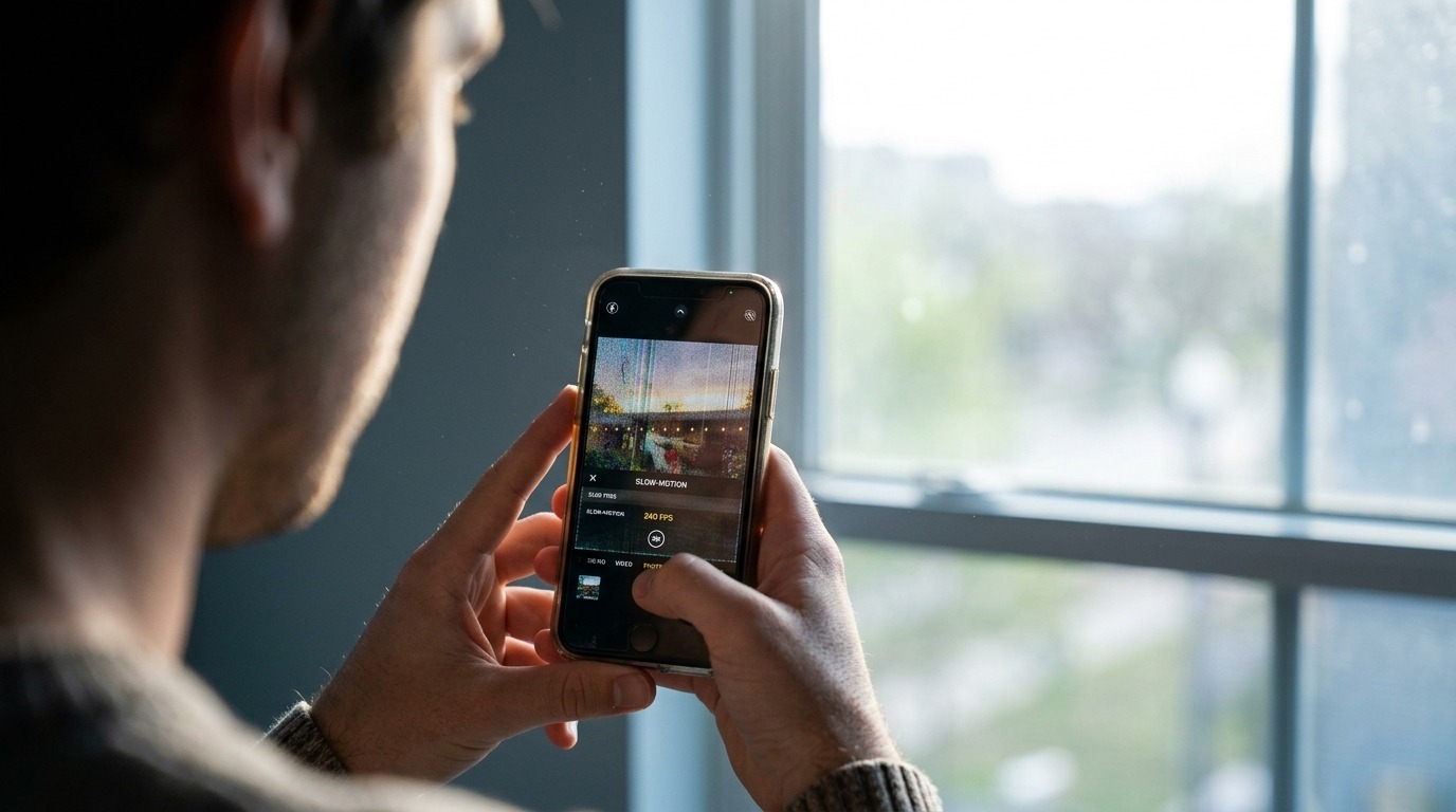 Close-up over-the-shoulder view of a smartphone screen set to 240 FPS slow-motion near a window.