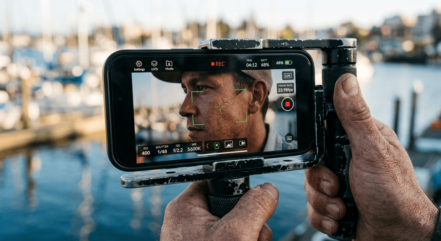 A tight close-up of a smartphone screen showing the Blackmagic Camera app interface, focus peaking highlighting a subject's cheekbone, the phone mounted on a rickety handheld grip, background blurred by actual harbor light.
