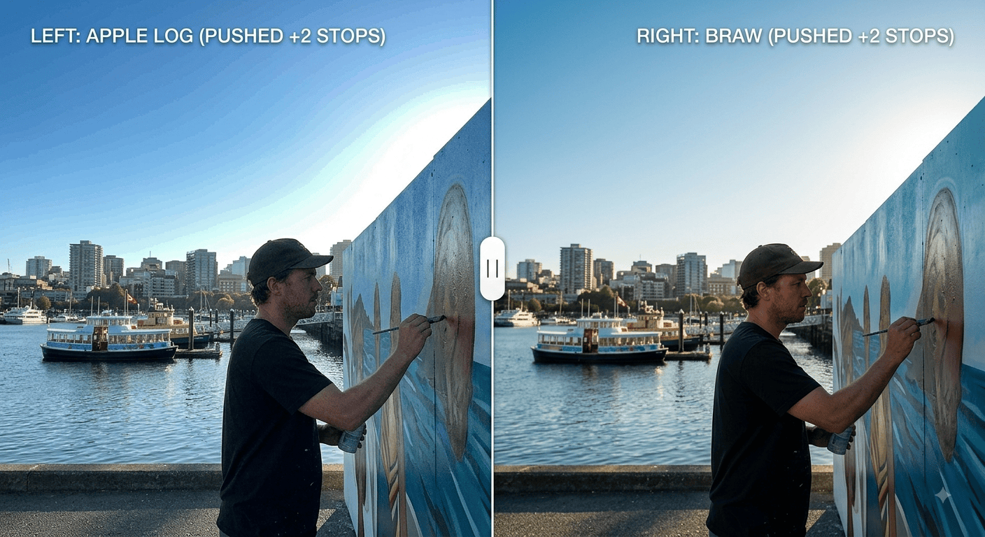 Left: Apple Log footage pushed two stops with visible banding in the sky. Right: BRAW footage pushed equally, holding clean highlight roll-off. Shows rather than tells the codec difference.
