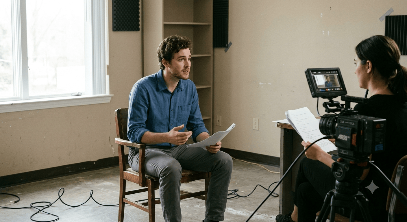 An actor mid-take in a plain room, reader visible just beside the camera rig, natural window light, slightly messy cables on the floor.