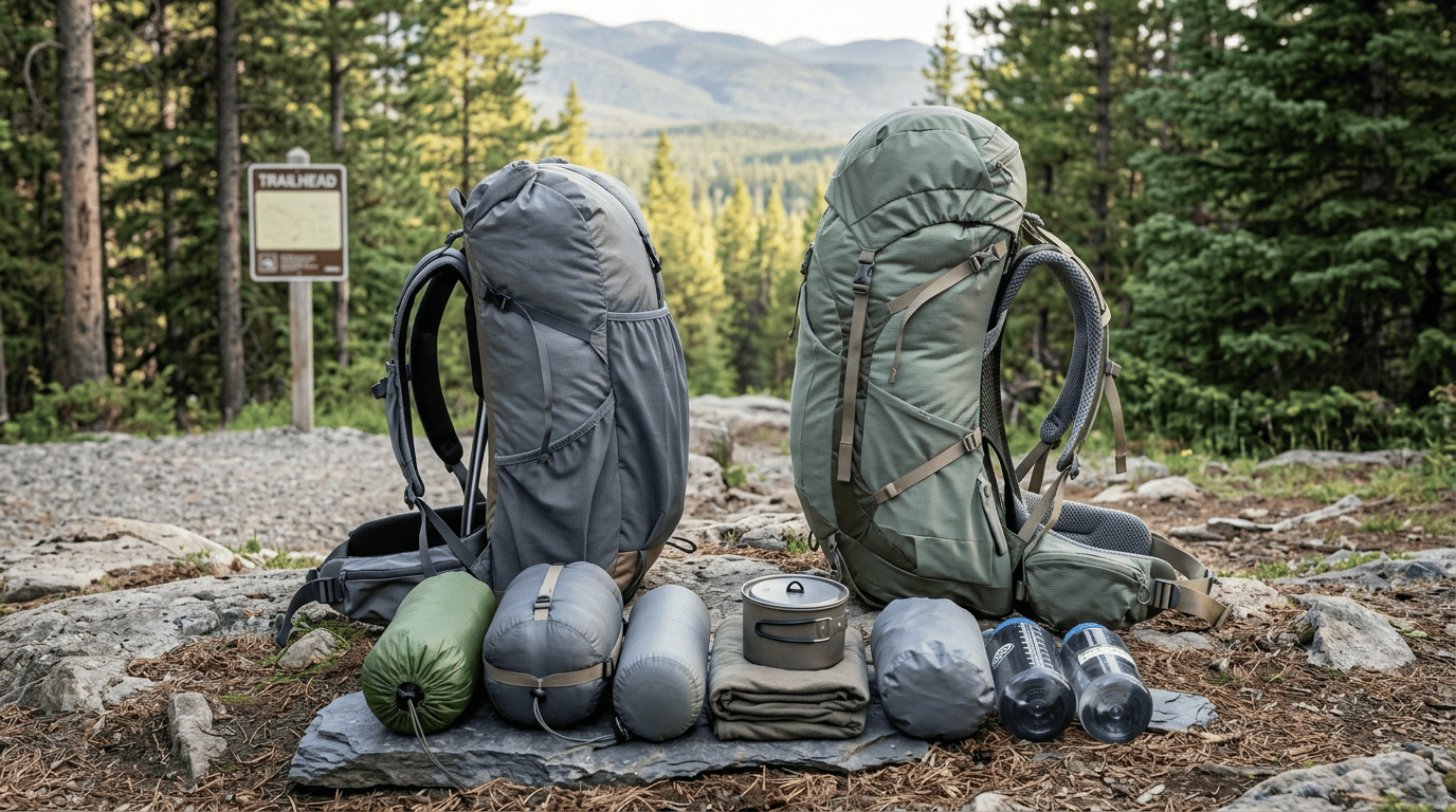 Two lightweight framed hiking backpacks displayed beside an organized backpacking gear load at a scenic trailhead, illustrating pack fit, support, and capacity.