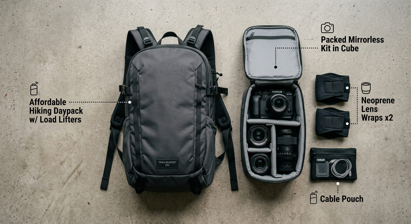An overhead flat-lay photograph on a concrete floor displaying a grey hiking daypack, a padded camera cube holding a mirrorless camera and lenses, a mesh pouch with cables, and two padded lens wraps.