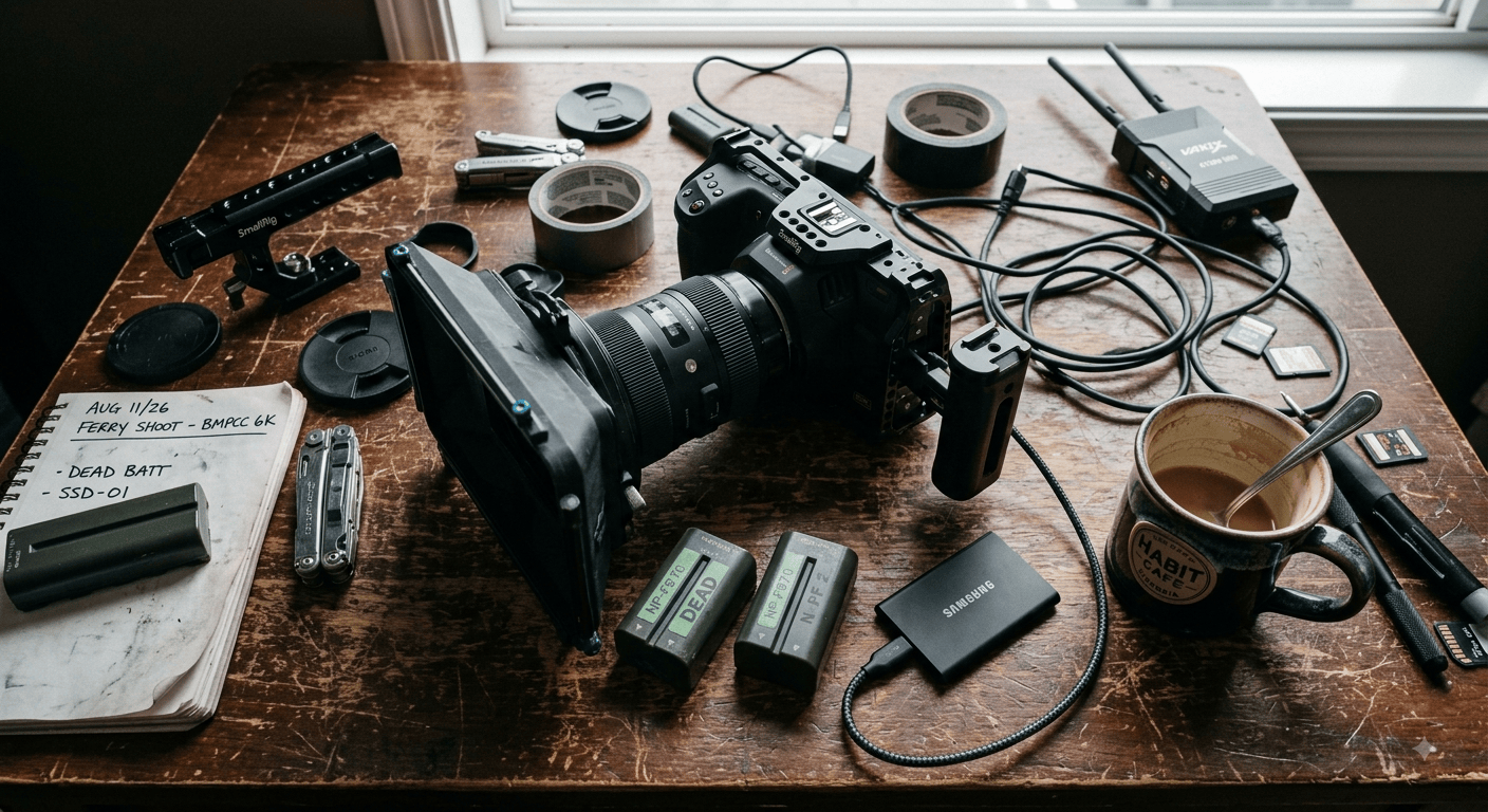 Overhead shot of a cluttered production table: a Blackmagic Pocket 6K Pro with a matte box, two dead NP-F batteries, an SSD, and a half-empty coffee cup from a local Victoria cafe, cables snaking across scratched wood.