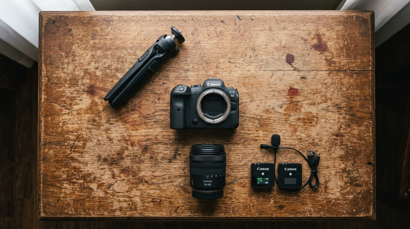 Realistic photograph, 16:9 aspect ratio, an overhead flat-lay of a minimalist filmmaking kit on a worn wooden table — one mirrorless camera body, one zoom lens, a small tripod, a pocket-sized wireless mic set, natural window light from the left, visible texture on the table surface, slight shadows, no graphic overlays, authentic product photography feel.
