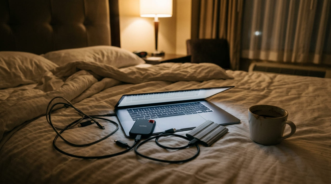 Realistic photograph, 16:9 aspect ratio, two portable SSD drives and a laptop balanced on a hotel bed comforter, tangled USB-C cables, a half-finished cup of coffee beside them, warm dim lamp light, late-night editing atmosphere, slightly grainy low-light photography.