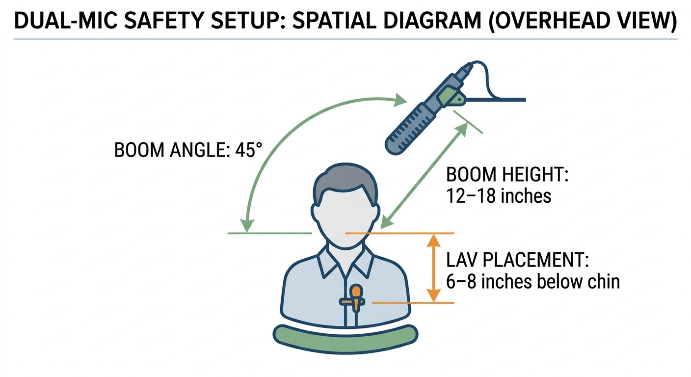 Placement diagram, boom + lavalier — an overhead-view diagram showing boom angle (45°) and height (12–18") relative to the subject's head, plus lav placement (6–8" below chin), for the "Dual-Mic Safety Setup" section. Readers get the spatial relationship a paragraph can't fully convey.