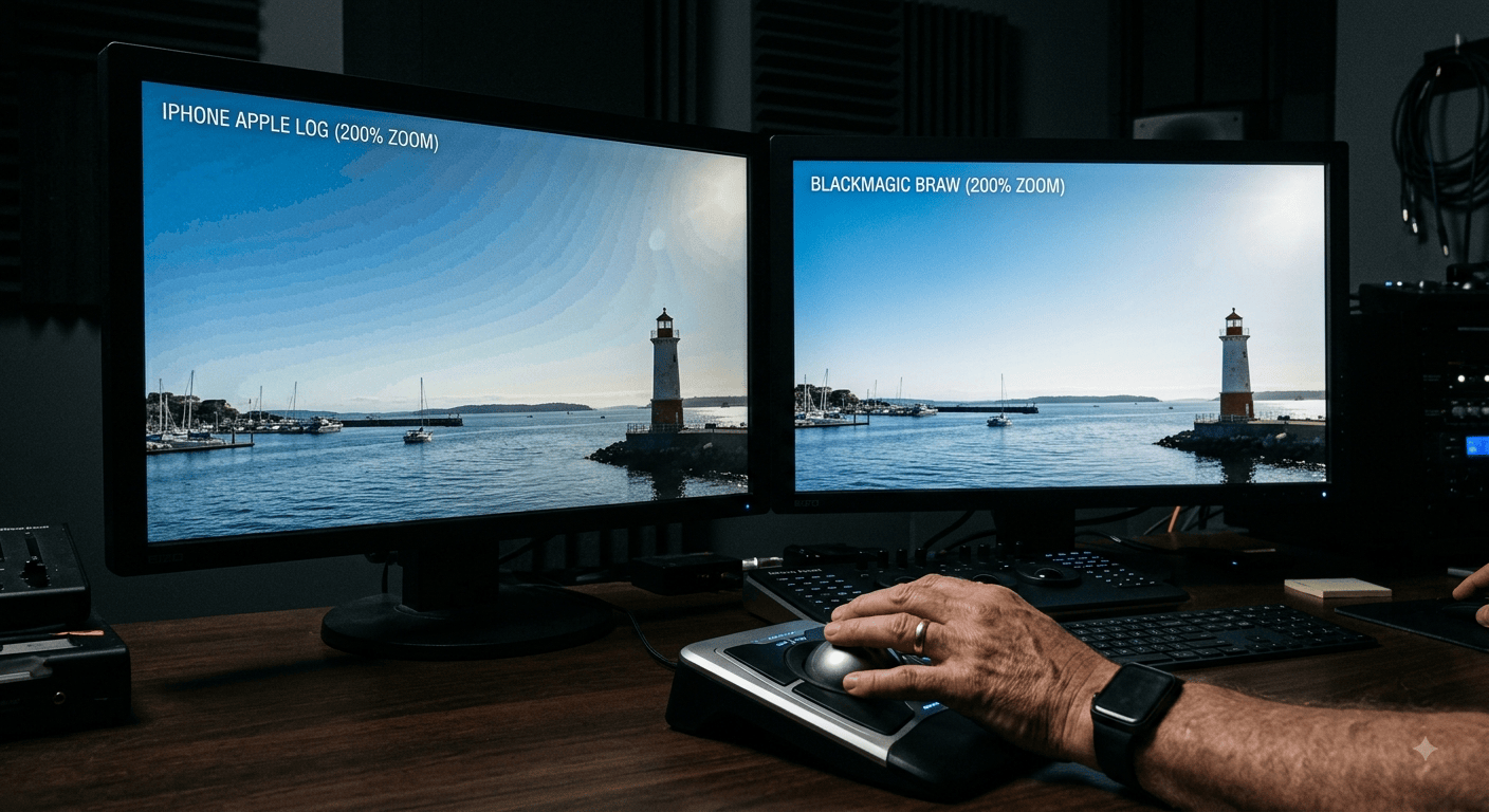 Two monitors side by side in a dim edit suite: one showing iPhone footage with visible banding in a sky gradient, the other showing BRAW footage from a Pocket 6K Pro with clean highlight roll-off, both at 200% zoom, a colorist's hand on a trackball visible.
