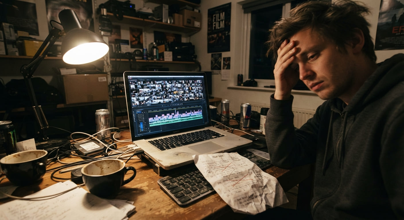 A cramped indie-production editing desk at night, a laptop screen showing a video editing timeline absolutely jammed with dozens of unlabeled, mismatched clip thumbnails, a frustrated editor’s hand resting on their forehead just out of full focus, a crumpled printed shot list crumpled beside the keyboard, empty coffee cups, harsh single-lamp lighting, documentary realism, slightly messy and unglamorous.